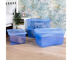 Wham Crystal 5 x 45L Stackable Plastic Storage Boxes with Lids | Ideal for Home, Office, Toys & More | Large Boxes | Made in UK - Sparkle Blue