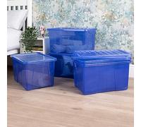 Wham Crystal 5 x 60L Stackable Plastic Storage Boxes with Lids | Ideal for Home, Office, Toys & More | Large Boxes | Made in UK - Spectrum Blue