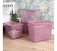 Wham Crystal 5 x 80L Stackable Plastic Storage Boxes with Lids | Ideal for Home, Office, Toys & More | Large Boxes | Made in UK - Dusky Orchid