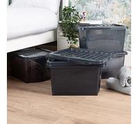 Wham Crystal 5x 28L Plastic Storage Boxes with Lids Tint Smoke (Black). Small Size, Strong (Pack of 5, 28 Litre). Made in the UK
