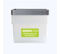 Wham Crystal 60L Stackable Plastic Storage Clear Boxes with Stronger Colour Lids | Ideal for Home, Office, Toys & More | Large Boxes (Pack 5, Silver Lid)