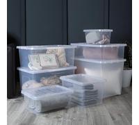 Wham Crystal 7 x Multisize Stackable Plastic Storage Boxes with Lids | Ideal for Home, Office, Toys & More | 7L, 17L, 25L, 32L, 45L, 60L & 80L Boxes | Made in UK - Clear