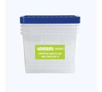 Wham Crystal 80L Stackable Plastic Storage Clear Boxes with Stronger Colour Lids | Ideal for Home, Office, Toys & More | Large Boxes (Pack 4, Blue Lid)