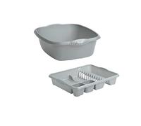 Wham Rectangular Washing Up Bowl and Large Dish Drainer Plastic Set of 2 (Silver/Grey)