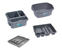 Wham Set of 4 Plastic Dish Drainer with Sink Tidy,Washing Up Bowl & Cutlery Tray (Silver)