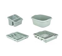 Wham Set of 4 Plastic Dish Drainer with Sink Tidy,Washing Up Bowl & Cutlery Tray (Silver Sage)
