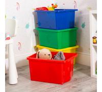 Wham Stack & Store 4 x 35L Plastic Storage Boxes | Ideal for Toys, Classrooms & Playrooms | Stackable & Nestable | Integrated Handles | Made in UK - Mixed Colours