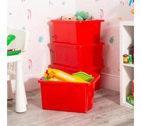 Wham Stack & Store, Pack 4 35L Red Plastic Storage Organisation Boxes, Integrated Handles, Strong, Stackable/Nestable, Home, Office, Classroom, Playroom, Toys, L48 x W38 x H26cm