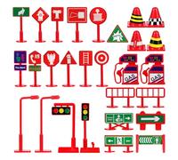 WHAMVOX 28pcs Mini Traffic Sign Set with Traffic Lights and Cones, Educational Road Safety Cognition, Realistic English Language Street Signs for Interactive Play
