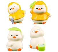 WHAMVOX 4pcs Miniature Resin Duck Figurines Set with Raincoat, Leaf, Bucket and Umbrella - Tiny Cartoon Animal Decor for Micro Landscape, Desk Ornament, Fairy Garden Accessories