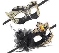 WHAMVOX Masquerade Ball Mask Set for Couples, 2 Pieces Half Face Venetian Masks with Gold Sequin Side Flower and Fairy Black Gold Painted Plastic, Party Costume Accessories for Carnival