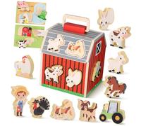 WHAMVOX Montessori Wooden Farm Animal Set for Ages Shape Sorting Preschool Learning Activity Safe Rounded Edges Enhances Hand-eye Coordination and Language Development