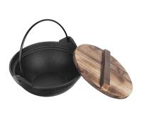 WHAMVOX Portable Campfire Cooking Cast Iron Pot with Natural Wood Lid, 18Cm Real Cauldron Cookware for Stewing Chicken and Cooking Porridge with High Temperature Tolerance