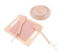 WHAMVOX Wooden Kitchen Playset for 5pcs Set - Small Wooden Spatula, Spoon, Bowl, Plate, and Red Check Large Cutting Board - Pretend Play Educational for