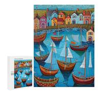 Wharf with Colorful Boats Displayable Picture Puzzle, 500 PCS - Birthday Gift, with A Decorative Finished Picture