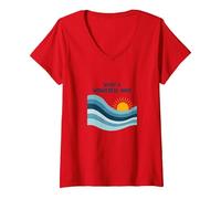 What a Wonderful Wave: Retro Ocean Sunset V-Neck T-Shirt, Women, Red, XL