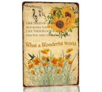 What A Wonderful World Metal Tin Sign,Vintage Sunflower Wall Decor I See Trees of Green Red Rose Too Retro Flowers Art Poster Plaque for Porch Entryway Coffee Huts 8x12 Inch