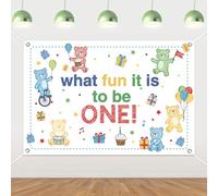 What Fun It is to Be One Backdrop, Hand-Drawn Colorful 1st Birthday Decoration Photo Background 5×3ft Boys Girls Cute Bears Theme First Birthday Party Supplies