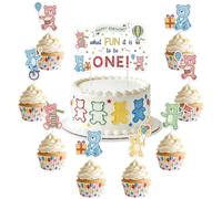 What Fun It Is To Be One Cake Topper Set, Hand-Drawn Colorful 1st Birthday Decoration 25pcs Double-Sided Large Cake Topper Small Cupcake Picks with Cute Bears