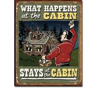 What Happens At The Cabin Stays Hunting Fishing Humor Metal Sign Vintage Wall Art for Garage Home Bar Club Farm Shop Decor 8x12 inch