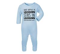 What Happens in Lockdown Stays in Lockdown Statement - Until Due Date Personalised Baby Romper Jumpsuit with feet, 0-3 Months, Pastel Blue