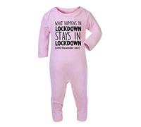What Happens in Lockdown Stays in Lockdown Statement - Until Due Date Personalised Baby Romper Jumpsuit with feet, 3-6 Months, Pastel Pink