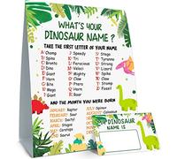 What is Your Dinosaur Name Game, Game Sign and 30 Cards, Dinosaur Birthday Party Sign for Boys and Girls, Holiday Activity, Kids Dinosaur Activity Cards, Dinosaur Activity Decoration Supplies