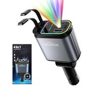 WHATOOK 4 in 1 USB-C Car Charger Adapter: 66W Dual Retractable Cables, Cigarette Lighter Splitter, Starry LED Ambient Light - Fast Charging Travel Gadget for Phone, Samsung Galaxy, Tesla and More