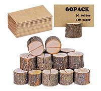 whatRUeed Rustic Real Wood Place Card Holders - Number Photo Stand with Wooden Bark Finish, Ideal for Wedding Parties (30 Holders+30 Kraft Paper)