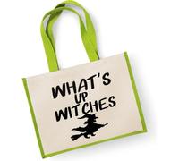 Whats Up Witches Funny Large Jute Bag Witch Halloween themed jute (Green)