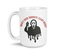 What's Your Favorite Scary Movie? Mug, 15oz Large Ceramic Coffee Cup, Double-Sided Print, Dishwasher & Microwave Safe, Horror Mask-Inspired Halloween Gift for Movie Fans - White
