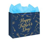 WhatSign Happy Fathers Day Gift Bag with Tissue Paper Navy Blue & Gold Masculine Large Gift Wrap for Husband, Grandpa, Mr. Fix-it From Wife Daughter Son