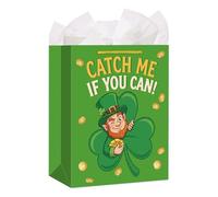 WhatSign St.Patrick's Day Gift Bag - Large Green Lucky Leprechaun Gift Wrap Bag Catch Me If You Can Shamrock & Gold Coins Design Festive Irish Holiday Party Supplies for All Ages