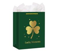 WhatSign St.Patrick's Day Gift Bag - Premium Dark Green & Gold Foil Embossed Clover Design Lucky Moments Elegant Holiday Gift Wrap with Tissue Paper Large Festive Bag for Party Favors