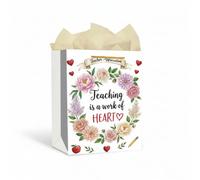 WhatSign Teacher Appreciation Gift Bag with Tissue Paper, Teaching is a work of heart Botanical Floral Gift Wrap Bag, End of Year Teacher Gifts for Graduation, Retirement, Back to School, Large