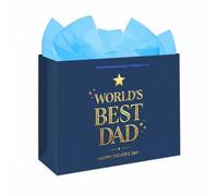 WhatSign World's Best Dad Gift Bag with Tissue Paper, Navy Blue & Gold Elegant Fathers Day Gift Wrap, Star Pattern Masculine Present Bag for Men, Birthday, Anniversary, Large Size
