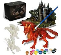 whatstem Kids Arts Crafts Set - Dragon Toys Painting Kit with 3 Dragons Figurines and 3D Jigsaw Puzzle Castle, Best Tween Paint Gift to Create Own Powerful Dragon