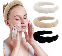 WHAVEL 3 Pack Spa Headband Skincare Headbands, Makeup Headband Sponge Terry Cloth Headbands Face Wash Headband Puffy Hair Band for Washing Face Women Girls (Khaki, Brown, Black)