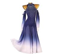 WHDEBPRD Strapless Tango Dance Dresses Gradient Ballroom Performance Costume High Collar Waltz Foxtrot Practice Dancewear,NavyBlue,XXL