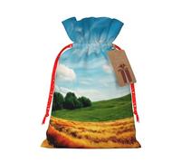 Wheat Field Christmas Drawstring Gift Bags, Xmas Bags With Tags, Reusable Santa Wrapping Bag