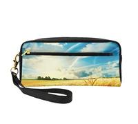 Wheat Field Printed Leather Makeup Bags with Wrist Strap Portable Travel Toiletry Bag Cosmetic Organizer Bag for Women