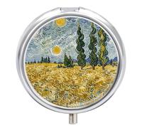 Wheat Fields and Cypress Trees Pill Box - 3 Compartment Travel Pill Organizer with Small Mirror, Portable Pillcase for Pocket & Purse, Cute Round Medicine Case, Weekly Medicine Container