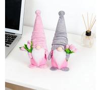 WheatThrive Tulip Gnome, Plush Doll with Bouquet, Soft Fabric Decor for Home Table, Pink Grey 2 Pack