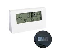 WheatThrive White Luminous Digital Alarm Clock with LCD Display, Calendar, Temperature and Humidity Monitor, Battery Powered Modern Desk Clock for Home Office