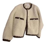 WheatThrive Women's Lambswool Coat 2278, Loose Fit Fur-Lined Chanel-Style Short Jacket Thick Top for Winter Warmth Fashion(XL White)