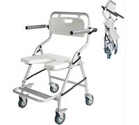 Wheel Chair Shower Bath Stool Foldable with Wheels for Elderly and Disabled Shower Stool with Flip-up Arms and Ergonomic Back - Wheelchair + Shower Chair Two in One