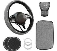 Wheel Cover Set, 7 PCS Diamond Steering Wheel Cover Crystal, Soft Anti-Slip Steering Wheel Protector for Women Girls, Universal Bling Car Accessories fit 37-38cm Steering Wheel (Silver)