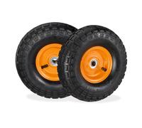 Relaxdays Set of 2 Wheelbarrow Tyres, 4.1/3.5-4, Pneumatic Spare Wheel, 16 mm Axle, max. 136 kg, Steel Rim, Black/Orange, Rubber, 3.5-4