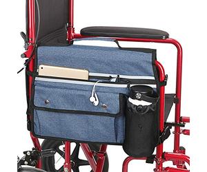 Wheelchair Storage Bag, Double-Sided Armrest Pouch with Cup Holder and Reflective Strip, for Wheelchairs and Walkers (Blue)