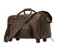 Wheeled Duffle Bag Men's Large Leather Travel Wheeled Duffel Cowhide Trolley Case 20" Brown Big Rolling Luggage Bag(Color2)
